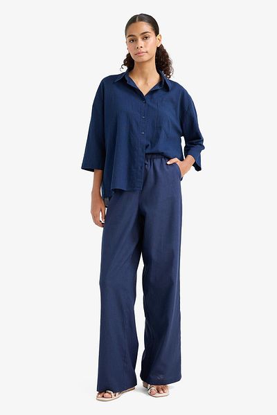 DeFacto Wide Leg Double Pocket Elastic Waist Standard Length Linen Blend Trousers E1981Ax25Sm