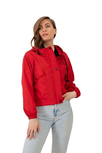 freemen Women's Red Waterproof and Wind-Resistant Hooded Snap Fastener Seasonal Raincoat