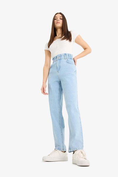 DeFacto Paperbag High Waist Straight Leg Long Jean Snow Washed Pants E7760Ax25Au