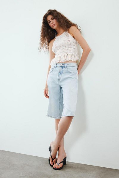 DeFacto Pantaloni scurți Bermuda din denim cu talie înaltă E4033AX25SM