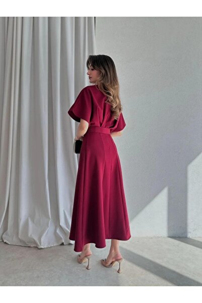 MAMMY Kemerli Yırtmaçlı Kadın Bordo Elbise Midi 583292