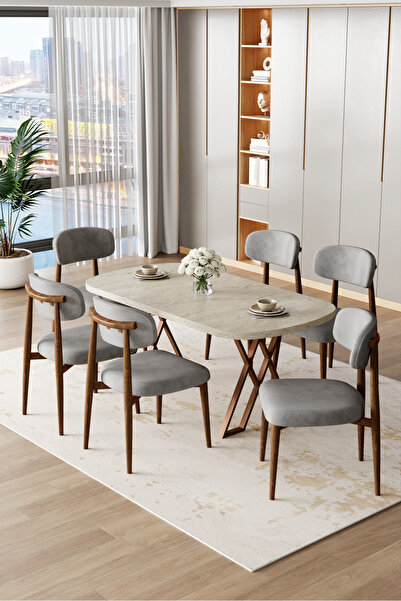Canisa Jolin Serisi Mdf 90x168 Traverten Masa Takımı 6 Gri Ahşap Kaplama Metal Sandalye