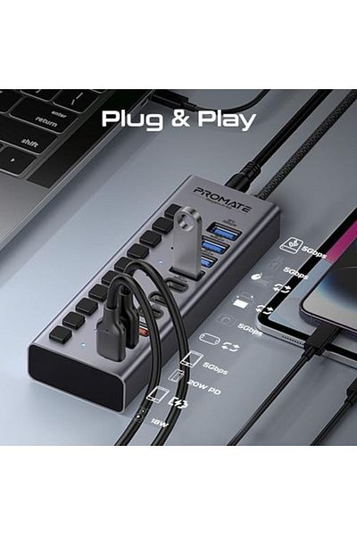 Promate 10 In 1 Usb-c™ Multiport Hub, 3 Usb-c™ And 4 Usb-a™ Ports With 5gbps Data Transfer