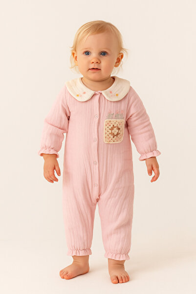 Motebarn Wear Kız Bebek Müslin Meksika İşlemeli Tulum Pembe