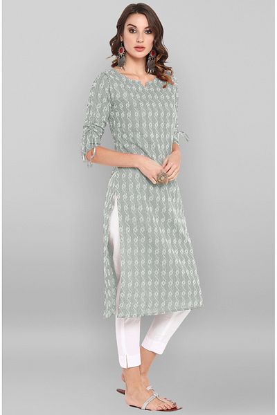 IndHeritage Premium cotton office / casual kurti - Light grey kurti / kurta for women with white ethnic prints