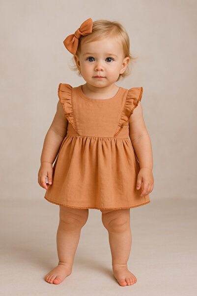 Motebarn Wear Kız Bebek Vivagani Soft Bebek Elbise Fiyonk Tokalı Kahverengi