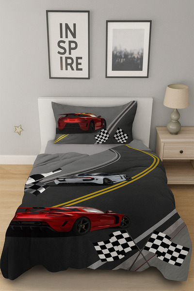 HOMESSA Kırmızı Arabalı Tek Kişilik Pike Yatak Örtüsü Yastık Kılıflı