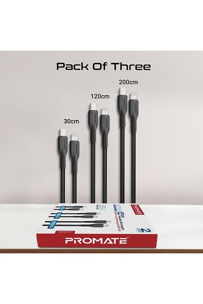 Promate Pack Of 3 Usb-c To Usb-c Cables, Ultra-fast With 60w Power Delivery, (0.3M, 1.2M, AND 2M)