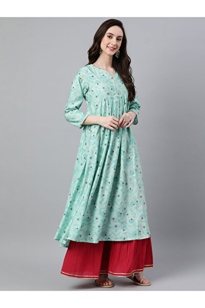 IndHeritage Premium cotton occasion / casual kurti - Turquoise printed kurti / kurta for women - IDH00091