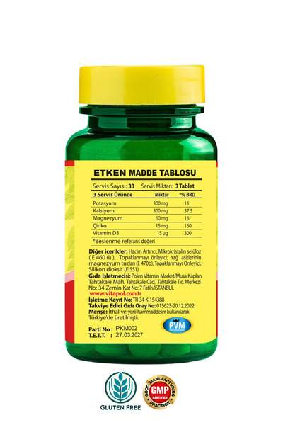 Vitapol Kalsiyum Magnezyum Çinko D3 Potasyum 100 Tablet