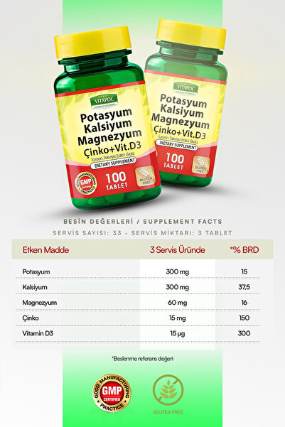 Vitapol Kalsiyum Magnezyum Çinko D3 Potasyum 100 Tablet
