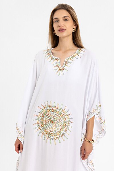 Deriderim Коротке бавовняне плаття-кафтан з вишитими рукавами з білої бавовни