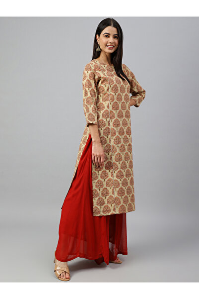 IndHeritage Premium cotton office / casual kurti - Cream colour kurti / kurta for women with red ethnic prints