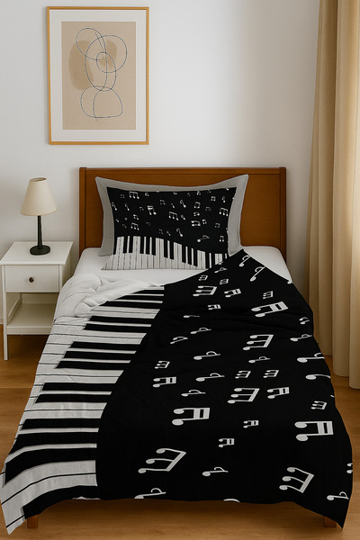HOMESSA Piyano Notalı Bh1381 Pike Yatak Örtüsü Fon Perde