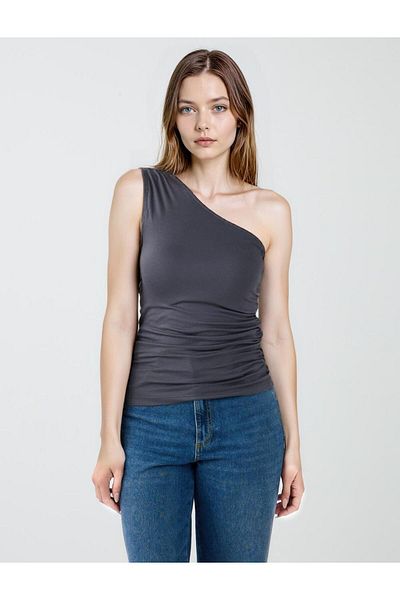 Jimmy Key Bluză tricotată gri slim-fit cu guler asimetric