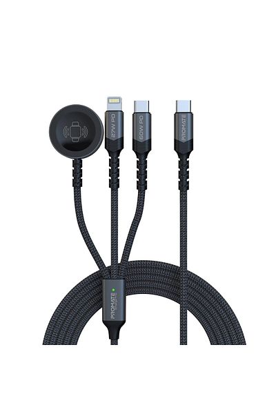 Promate كابل شحن متعدد 3 في 1، فائق السرعة 60 واط من USB-C™ إلى USB-C™، موصل Lightning 27 واط