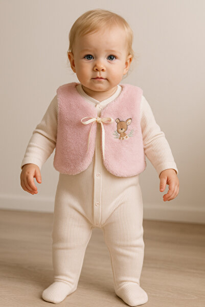 Motebarn Wear Kız Bebek Geyik Nakışlı Yelekli Tulum Krem