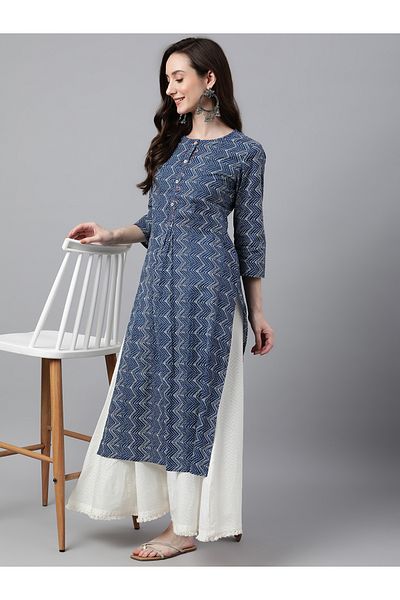 IndHeritage Premium cotton office / casual kurti - Dark blue printed kurti / kurta for women - IDH00065