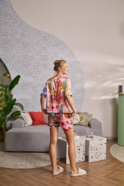 ARONA Saten Kısa Kollu Gecelik Leopashion Desen Alt Üst Takım