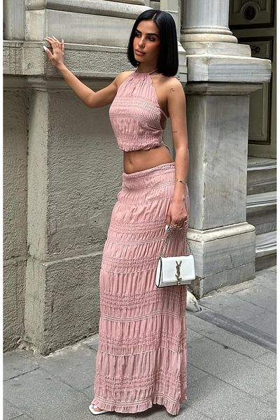 My Blog Pink Sequin Chiffon Blouse Skirt Set