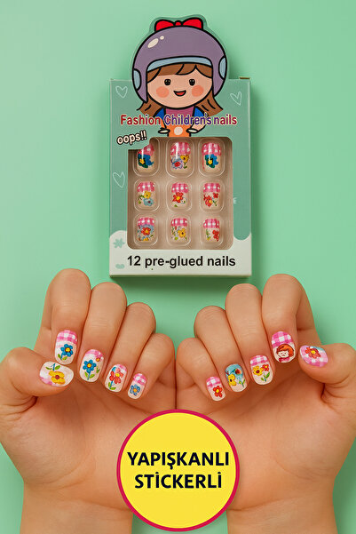 TOYFEST 12 li Yapışkan Stickerlı Renkli Baskılı Çocuk Takma Tırnak Oyuncak Se...