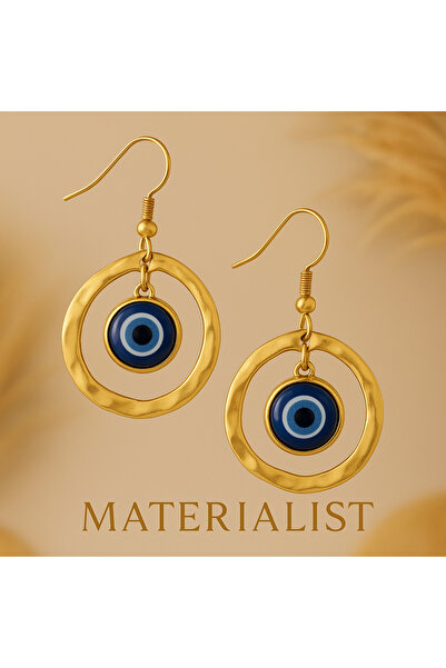 materialist Nazar Boncuğu Detaylı Altın Halkalı Küpe