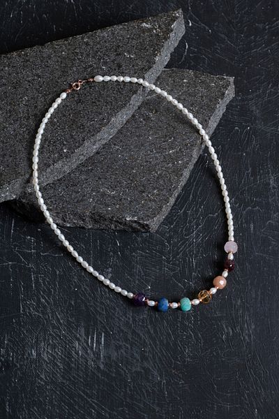 OSMANLI DOĞAL TAŞ Certified Pink Quartz, Garnet, Amazonite, Citrine, Amethyst, Sunstone, Lapis, Pearl Natural Stone Necklace