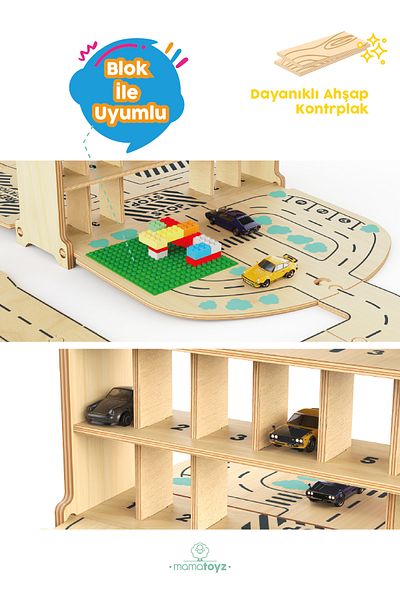 MAMATOYZ Wooden Car Parking Garage Set - Compatible with Hotwheels and Lego - Portable and Portable Design