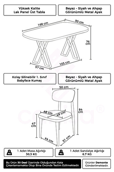 Canisa Jolin Serisi Mdf 90x168 Beyaz Mutfak Masa Takımı 6 Gri Metal Sandalye
