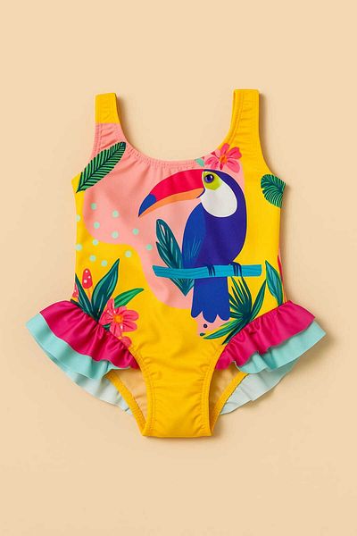 My Kids Wear Bird Printed Tulle Patterned Girl's Swimsuit