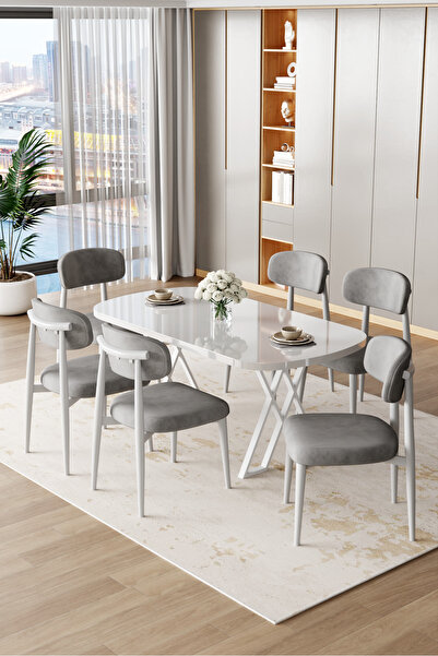 Canisa Jolin Serisi Mdf 90x168 Beyaz Mutfak Masa Takımı 6 Gri Metal Sandalye