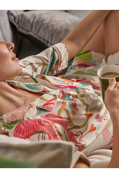 ARONA Saten Kısa Kollu Gecelik Jungle Desen Alt Üst Takım