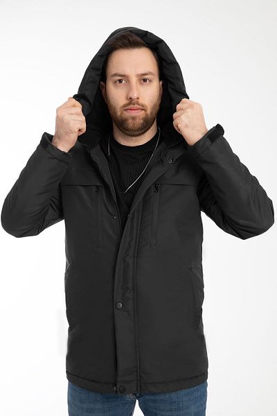 Montstop Μαύρο ανδρικό χειμερινό παλτό - Fleece, αδιάβροχο και αντιανεμικό, με κουκούλα