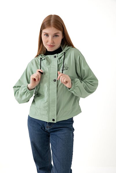 Firststops Women's Water Green Waterproof and Wind Resistant Hooded Pocket Snap Fastener Seasonal Raincoat