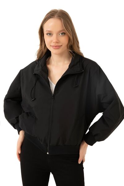 Firststops Sports Women's Black Stand Collar Water and Windproof Oversize Crop Seasonal Raincoat Windbreaker