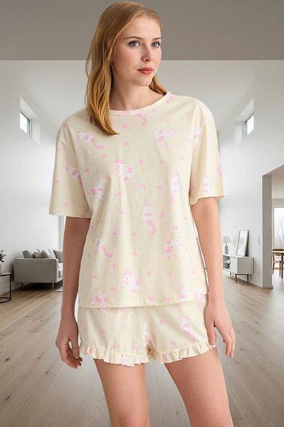 PayBuy Women's Cat Pattern Cotton Ruffle Pajamas Set Comfortable Home Wear Carefully Selected Professional Appearance