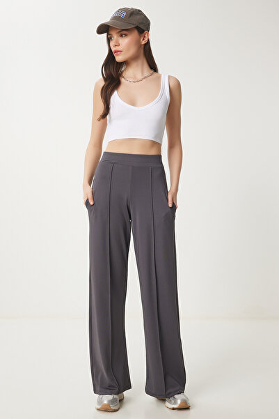 Lovelyİstanbul Anthracite High Waist Scuba Palazzo Trousers - Lbf0011