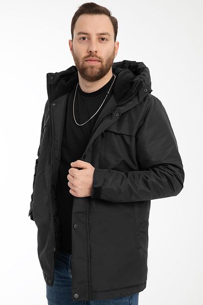 Montstop Μαύρο ανδρικό χειμερινό παλτό - Fleece, αδιάβροχο και αντιανεμικό, με κουκούλα