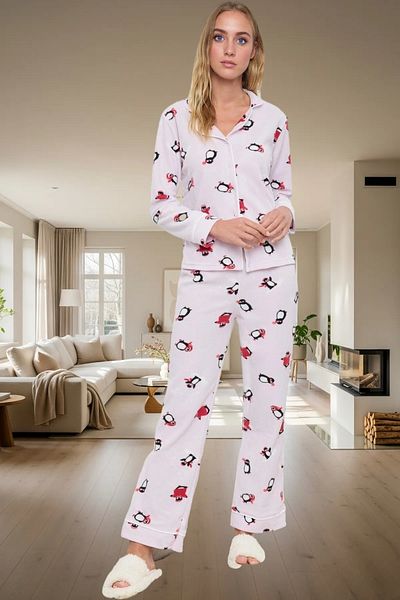 PayBuy Women's Penguin Patterned Winter Fleece Pajamas Set Regular Pipe Leg Premium Quality Comfortable Cut