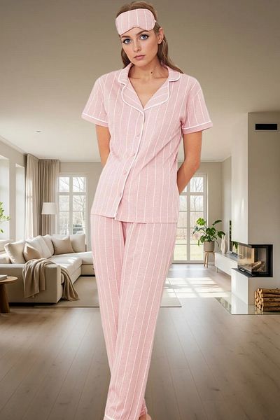 PayBuy Women's Casual Cotton Knitted Pajamas Set Elegant Design Comfortable Cut with Striped Pattern Sleep Band