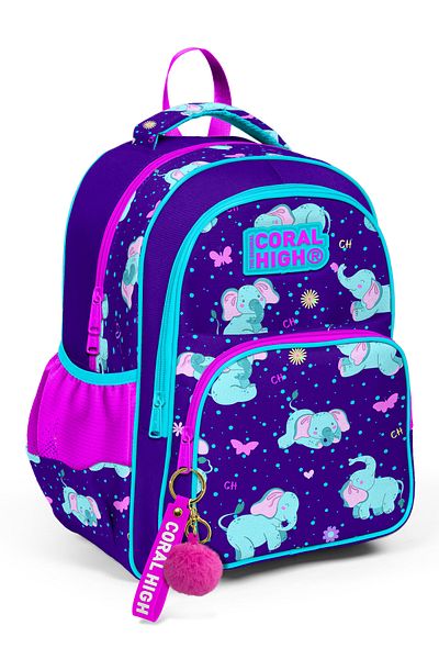 Coral High Kids Purple Pink Elephant Patterned Three Compartment School Backpack 14411