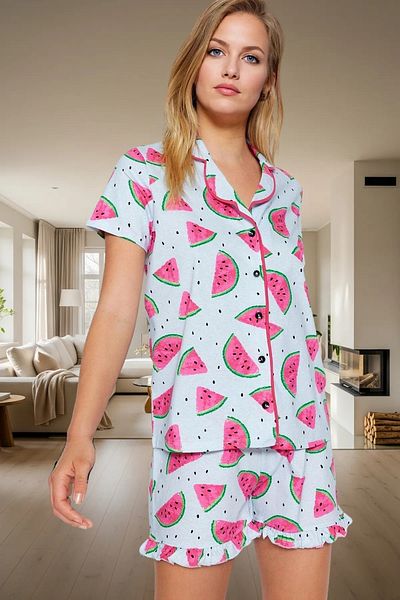 PayBuy Women's Watermelon Pattern Cotton Short Sleeve Pajamas Set Comfortable Home Wear Set Durable Material