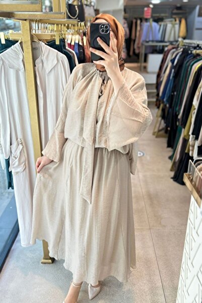 megapol Women's Beige Muslin Fabric Bow Collar Detailed Lined Hijab Double Suit