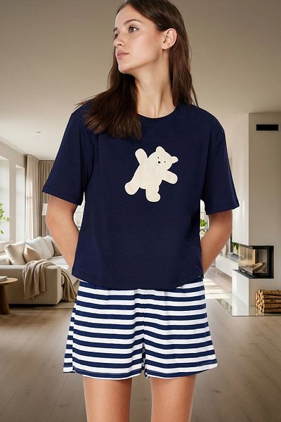 PayBuy Women's Striped Cotton Pajama Set Teddy Bear Printed Comfortable Summer Premium Quality Use