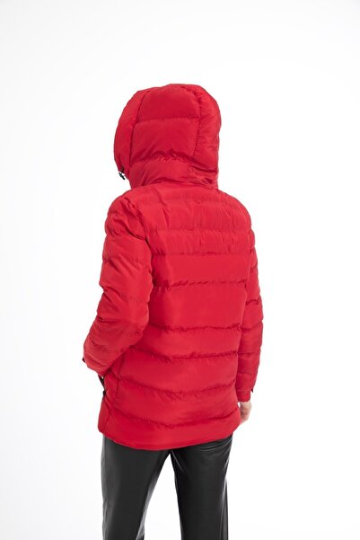 Montstop Kadın Kırmızı Kapüşonlu Içi Astarlı Su Geçirmez Rüzgara Dayanıklı Şişme Mont Kaban Parka