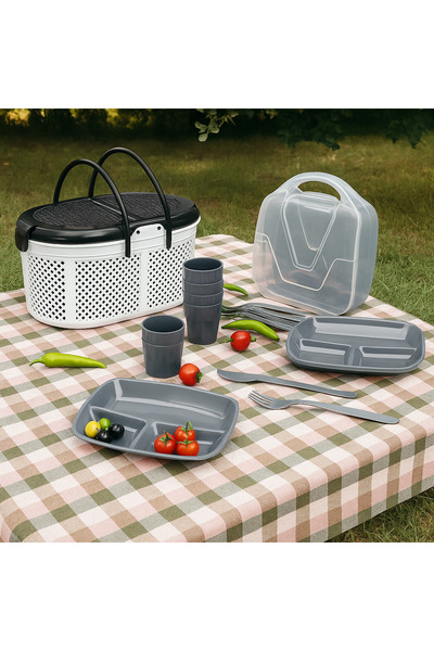 King Mop Home Parça Piknik Seti ( Sepet Çantalı Bardak,çatal,kaşık,bıçak,tabak Seti ) | 32 Piece Picnic Set