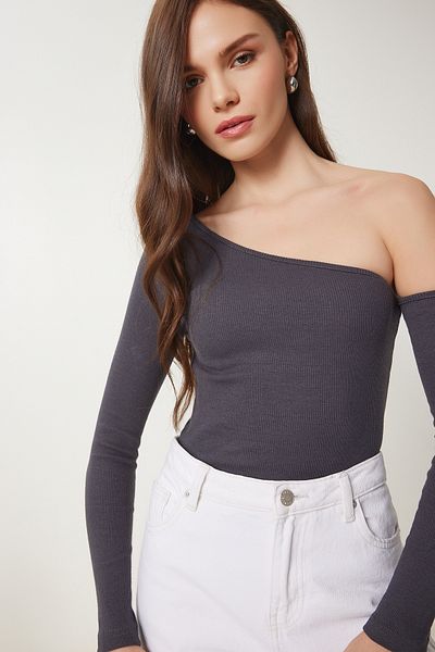 Lovelyİstanbul Anthracite Ltg0001 - Open Shoulder Ribbed Knitted Blouse