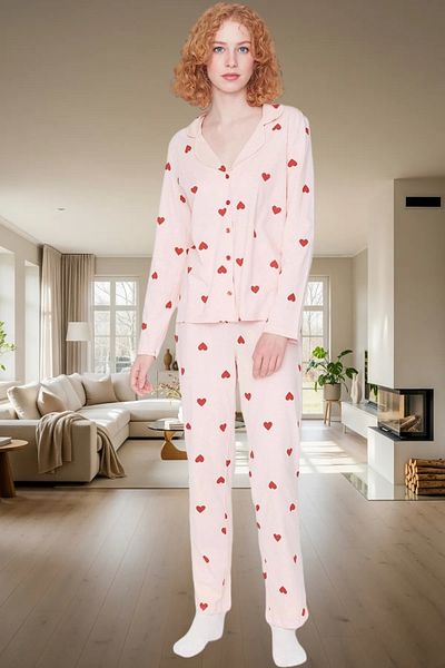PayBuy Women's Heart Pajama Set 100% Cotton Winter Comfortable Sleep Set Elegant Design and Stylish
