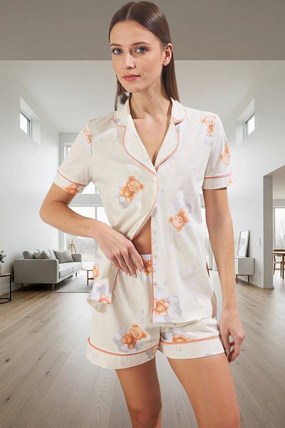 PayBuy Women's Teddy Bear Patterned Cotton Comfortable Pajama Set for Summer Seasons, Superior Material, Stylish Appearance