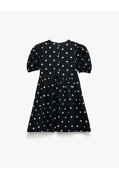 Koton Rochie pentru fetiță din bumbac cu mâneci balon, gât rotund, cu detaliu de panglică, cu buline, 5skg80068aw Negru